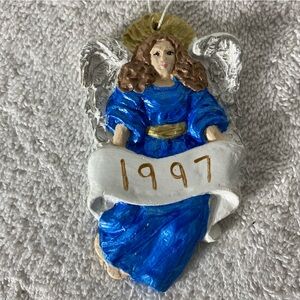5/$35 Vintage 1997 Hand Painted Blue Angel Ceramic Christmas Tree Ornament